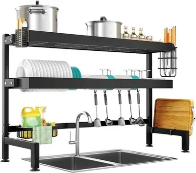 Produktbild von Famanu Abtropfgestell über der Spüle – 3-lagiges rostfreies Edelstahl-Abtropfgestell – Mit Schneidebrett-Halter und Küchenutensilien – 105 cm –