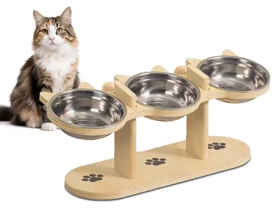 Produktbild von Katzenfutterstation 3-in-1 mit Holzständer, 3 Edelstahlnäpfe, 15° geneigt, für Katzen und kleine Hunde
