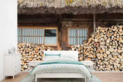 Produktbild von MuchoWow® Fototapete für Wohnzimmer oder Schlafzimmer Wandtapete Vinyl Motivtapete Brennholz für ein Haus - 330x220 cm - Fototapeten