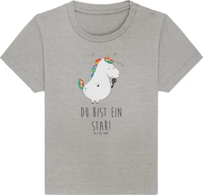 Produktbild von Mr. & Mrs. Panda Babyshirt Einhorn Sänger 0. - 6. Monat - Heather Grey - Geschenk, Geburtstag, Freundin, T-Shirt Baby, Disco, Baumwolle Shirt, , Fest, Baumwollshirt