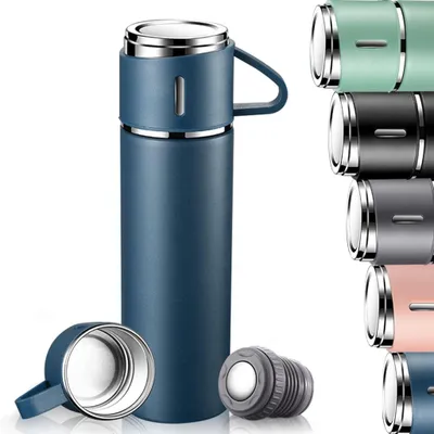 Produktbild von Termosflaschen Edelstahl, Auslaufsichere Thermosflasche, Wasserflasche BPA frei, Isolierflasche 500ml mit Tasse und Griff, Thermoskanne Kaffee & Tee, Fahrrad Trinkflasche fš¹r Kinder, Erwachsene (Blau)