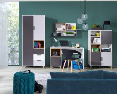 Produktbild von Jugendzimmer-set JOKER 3 Kleiderschrank + Kommode + Wandregal + Schreibtisch Weiß / Graphit + Grau + Lefkas Eiche