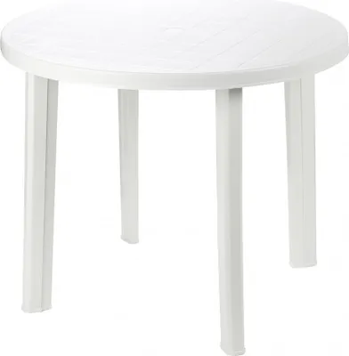 Produktbild von Tisch aus weißem Kunstharz, Durchmesser 90 cm.