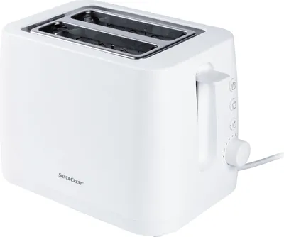 A white toaster is shown from a side angle on a white background.