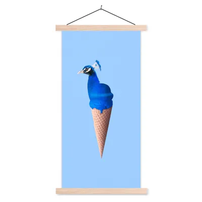 Produktbild von MuchoWow® Textilposter Pfau - Eistüte - Eiscreme - Blau - Vogel 60x120 cm mit holzfarbenen Rahmen - Holz