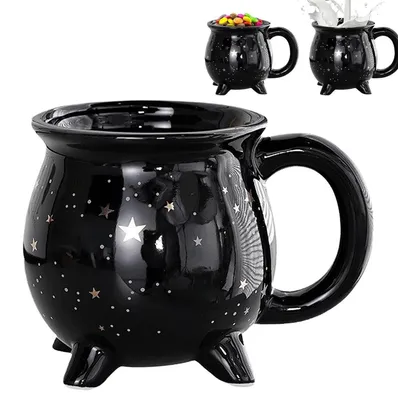 Produktbild von Kaffeebecher Hexenkessel 350ml Keramik mit Sternen Motiv Halloween Vierbeinige Tasse