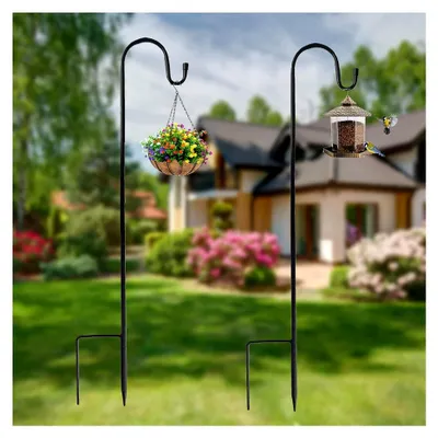 Produktbild von Garten Schäferhaken, 2 Stück 120 cm Metall-Gartenstecker, rostbeständig für Vogelhäuschen, Pflanzenkörbe, Laternen, Hochzeitsdekoration (Schwarz)