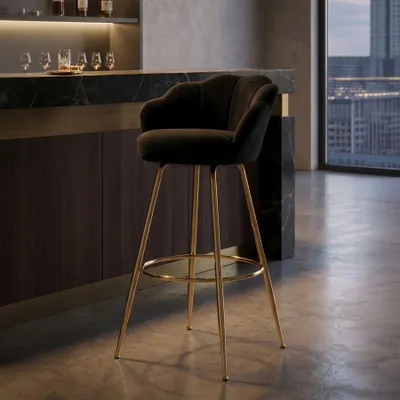 Produktbild von Vienna Glam Barhocker in Schwarz und Gold – Hoher Samthocker mit goldfarbenen Metallbeinen in Blütenform, Sitzhöhe 90 cm