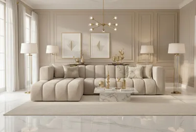 A luxurious living room setting with a sectional sofa as the main focus.