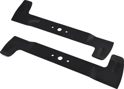 Two black lawn mower blades are shown against a white background.