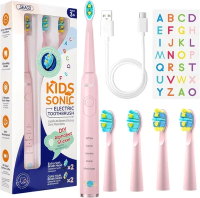 Produktbild von Elektrische Kinderzahnbürste ab 6 Jahren 5 Putzmodi Smart Timer USB wiederaufladbar IPX7 mit 4 Bürstenköpfen und Aufklebern