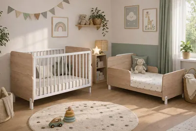 Produktbild von Kinderbett MIA 120x60 cm 2in1 – Babybett & Juniorbett, umbaubar, höhenverstellbar, Weiß / Sonoma