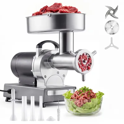 Produktbild von SucceBuy Elektrischer Fleischwolf, 9,5 kg/min Kapazität, #32 Modell mit 3 Lochscheiben, Wurstaufsatz, 1100 W, 2-in-1 Edelstahlgerät für Küchen und Gastronomie