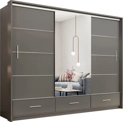 A modern wardrobe with mirrored doors reflecting a living room scene.