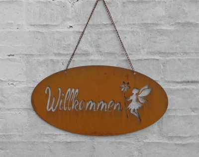 Produktbild von Eisenschild Hängeschild Willkommen mit Fee 38 x 20 cm Echtrost an Kette