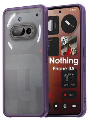 A smartphone with a purple case and a transparent back, displaying widgets and app icons on its screen.
