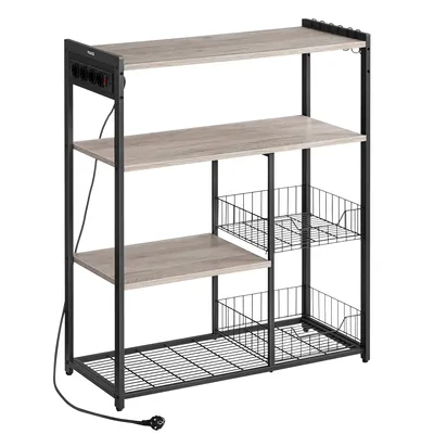 Produktbild von VASAGLE Küchenregal mit Steckdosen, 2 Metallkörben, 6 Haken, 35 x 80 x 93,5 cm, greige