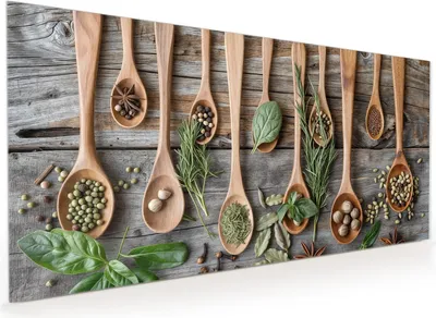 Produktbild von Küchenrückwand Spritzschutz Glas mit Motiv Holzlöffel und Kräuter 40 x 40 cm