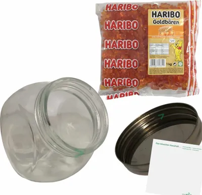 Produktbild von usy Bonboniere + Haribo Goldbären Orange Pack (1kg Beutel) + 1200ml Volumen Glas Größe XL + usy Block