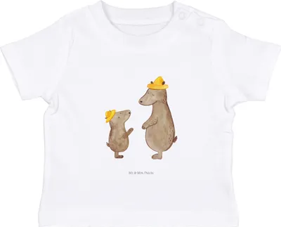 Produktbild von Mr. & Mrs. Panda  T-Shirt Bären mit Hut 0. - 6. Monat - Weiß - Geschenk, Babyshirt, Vater, Organic Baby, Family, Jerseyshirt, Kurzarmshirt, Paps, Vatertag, Muttertag