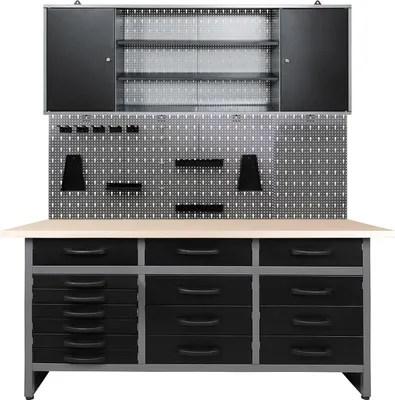 Produktbild von Ondis24 Metall Werkstatt Set 170 cm "Konny" Werkbank + Schrank abschließbar höhenverstellbare Füße Arbeitsplatte Holz Werkstatteinrichtung Packtisch Werktisch Werkstatttisch Montagewerkbank Hängeschrank Werkzeugschrank Werkstattschrank Werkzeugwand Werkstattwand Werkzeughalter Lochblech