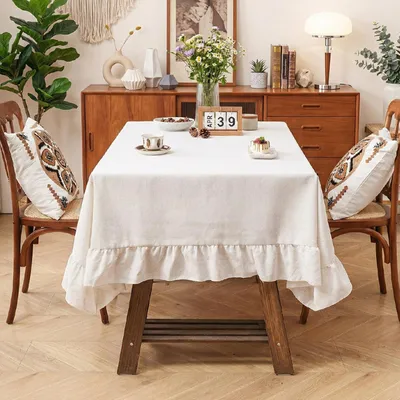 Produktbild von Omgoods - Leinentischdecke, 140 x 230 cm, weiß, mit Rüschen, pflegeleicht