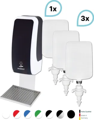 Produktbild von SET: Desinfektionsspender SENSOR Blanc Cosmos versch. Farben + Tischständer weiß +3x 1-Liter Hautdesinfektion : Farbe - Schwarz / Weiß Farbe: Schwarz / Weiß