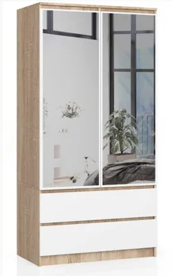 Produktbild von BDW Kleiderschrank 2 Türen 2 Schubladen, Spiegel, Sonoma-Eiche - Weiß