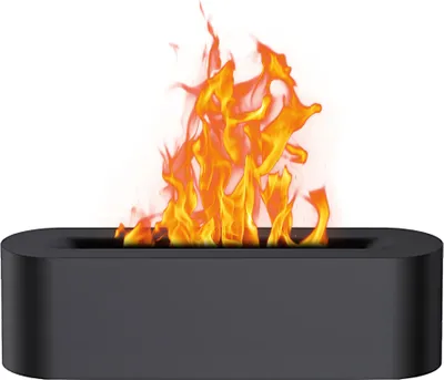A black, oval-shaped diffuser with orange and yellow flames rising from the center, set against a white background.
