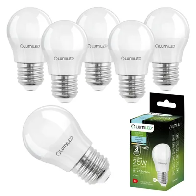 A set of six LumiLED LED light bulbs and one packaged box of the same bulbs, all on a white background.