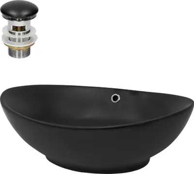 Produktbild von LuxeBath Waschbecken Aufsatzwaschbecken Oval, 59x38x19 cm, Schwarz matt, aus Keramik, inkl. Ablaufgarnitur mit Überlauf