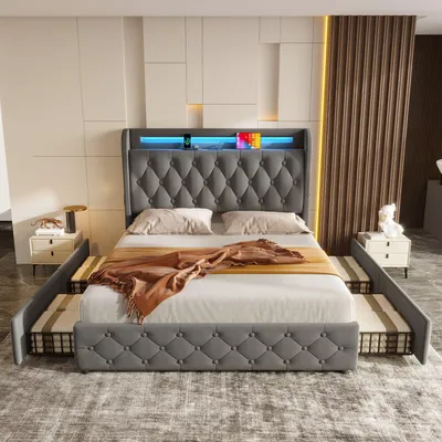 Image de Lit rembourré 140x190 en velours Lit LED avec USB et Type-C, sommier avec 4 tiroirs et tête de lit avec espace de rangement, lit double moderne, charge maximale 300 kg, gris