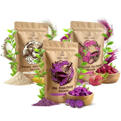 Produktbild von Mary Rose - Bunter Matcha Tee Pulver Weiß, Violett, Rosa 3x50g - Drachenfrucht, Ube, Banane - ohne Zucker - Natürliche Lebensmittelfarbe Für Deserts