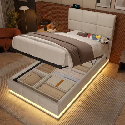 Produktbild von Flieks Polsterbett 90x200cm mit Ladefunktion, Stauraumbett Einzelbett Jugendbett mit LED, Boxspringbett Holzbett Funktionsbett, Samt, Beige