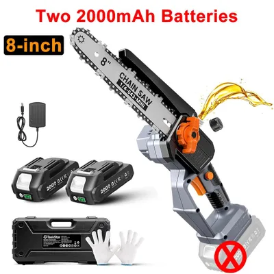 Obrázok produktu pre Akumulátorová mini reťazová píla - Elektrická reťazová píla - 20 cm reťaz - 2 x 2000 mAh batérie - 21 V - Bezkomutátorový motor - Automatické mazanie - 700 W