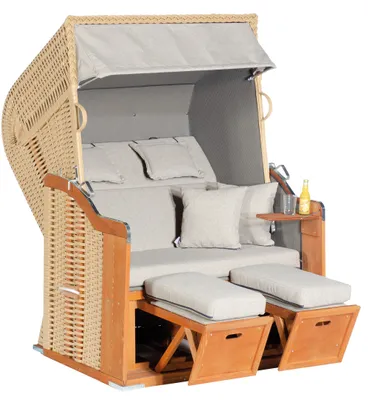 Produktbild von SunnySmart Rustikal Garten-Strandkorb 255 PLUS 2-Sitzer beige/taupe/blau mit Kissen