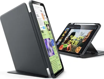 Two tablet cases are shown, one open and displaying a screen, the other closed.