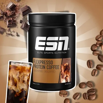 Produktbild von ESN Flexpresso Whey Protein Coffee Chocolate Flavour 908 g – Protein-Kaffeepulver mit Schokoladengeschmack + Heartforcards Versandschutz