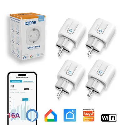 Produktbild von 4x iqore Intelligente WiFi WLAN Funksteckdosen mit Strommessung & Sprachsteuerung, Timer, SmartLife App, Smart Plug, Alexa & Google. Smarte Steckdose