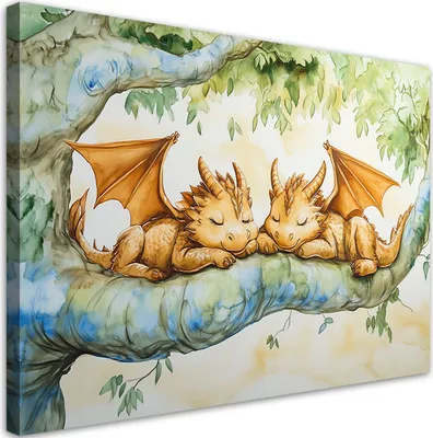 Image de Toile pour chambre d'enfant Petits dragons Animaux 100x70 Feeby Vert Image pour le mur Prête à accrocher
