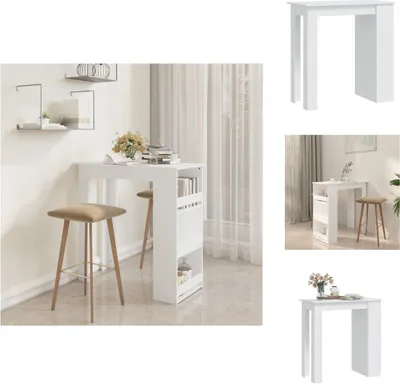 A collage of images showing a white bar table with shelves, styled in a room and as standalone product shots.