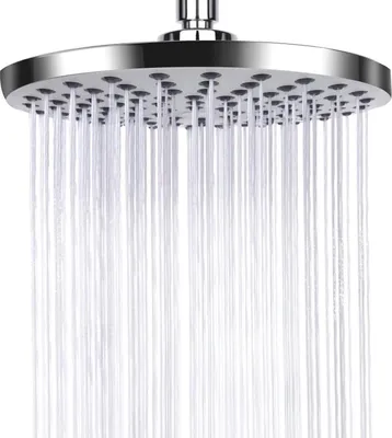 A close-up shot of a chrome shower head with water spraying from it.