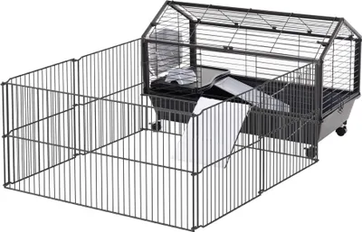 Produktbild von PawHut Kleintierkäfig Kleintierstall mit klappbarem Auslaufbereich, Nagerkäfig mit Wasserflasche, Wasserschale und Rampen, für Kleintiere Metall Schwarz 88 x 128,5 x 56 cm