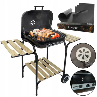 Zdjęcie produktu dla Grill ogrodowy węglowy przenośny z 3 półkami pokrywa BBQ1013 + 4x mata nieprzywierająca