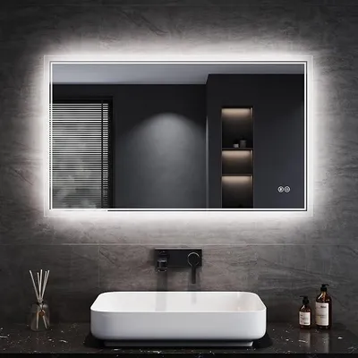 Imagen del producto de Espejo de baño con iluminación, 100x60 cm, antiniebla. Espejo de baño con iluminación, espejo con luz, interruptor táctil, espejo de pared, protección IP44, interruptor de pared
