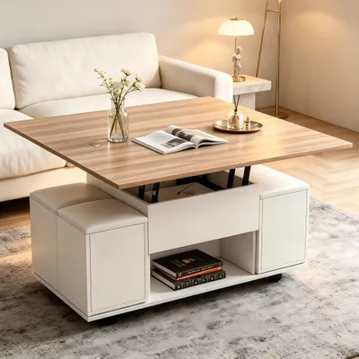 Produktbild von okwish 3-in-1 Couchtisch mit höhenverstellbarer Tischplatte und Rollen, Sofatisch mit Stauraum und 4 Hockern,Wohnzimmertisch in Weiß