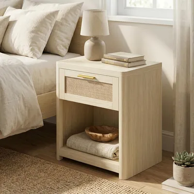 Produktbild von VASAGLE Nachttisch, 2er Set, Boho-Stil, Beistelltisch, mit Schublade in Rattan-Optik, beige