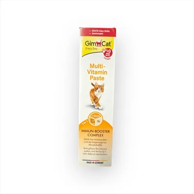 A product shot of a tube of GimCat Multi-Vitamin Paste for cats.