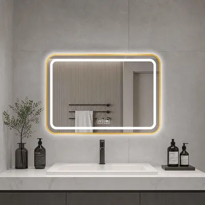 Produktbild von AIORBER LED Badspiegel mit Beleuchtung Wandspiegel Rechteckig Beschlagfrei Dimmbar 3 Lichtfarben Touch-Schalter Kupferfrei Gold 70x100cm
