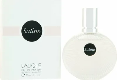 A box and bottle of Lalique Satine Eau de Parfum are displayed side-by-side against a white background.